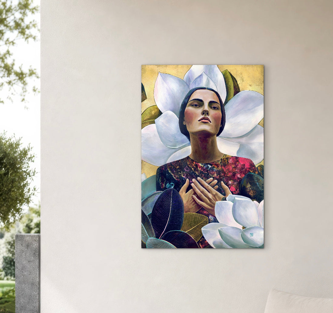 Serenity in Bloom - mixed media painting on wood panel