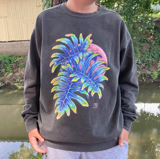 'Pink Moon' - Tropical Leaves & Full Moon gray unisex long sleeve sweatshirt