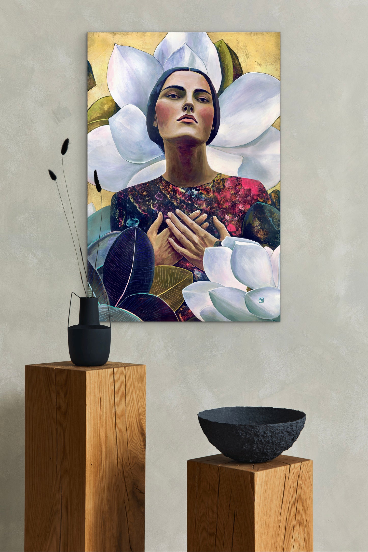 Serenity in Bloom - mixed media painting on wood panel