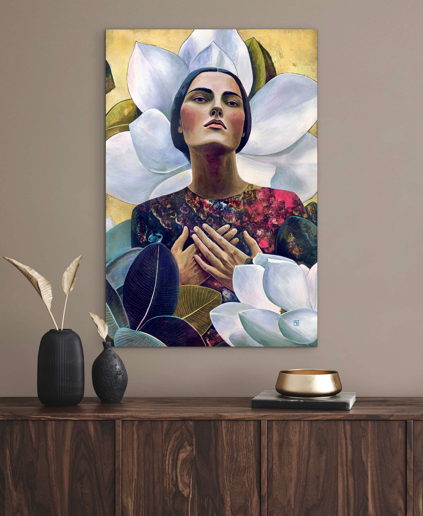 Serenity in Bloom - mixed media painting on wood panel