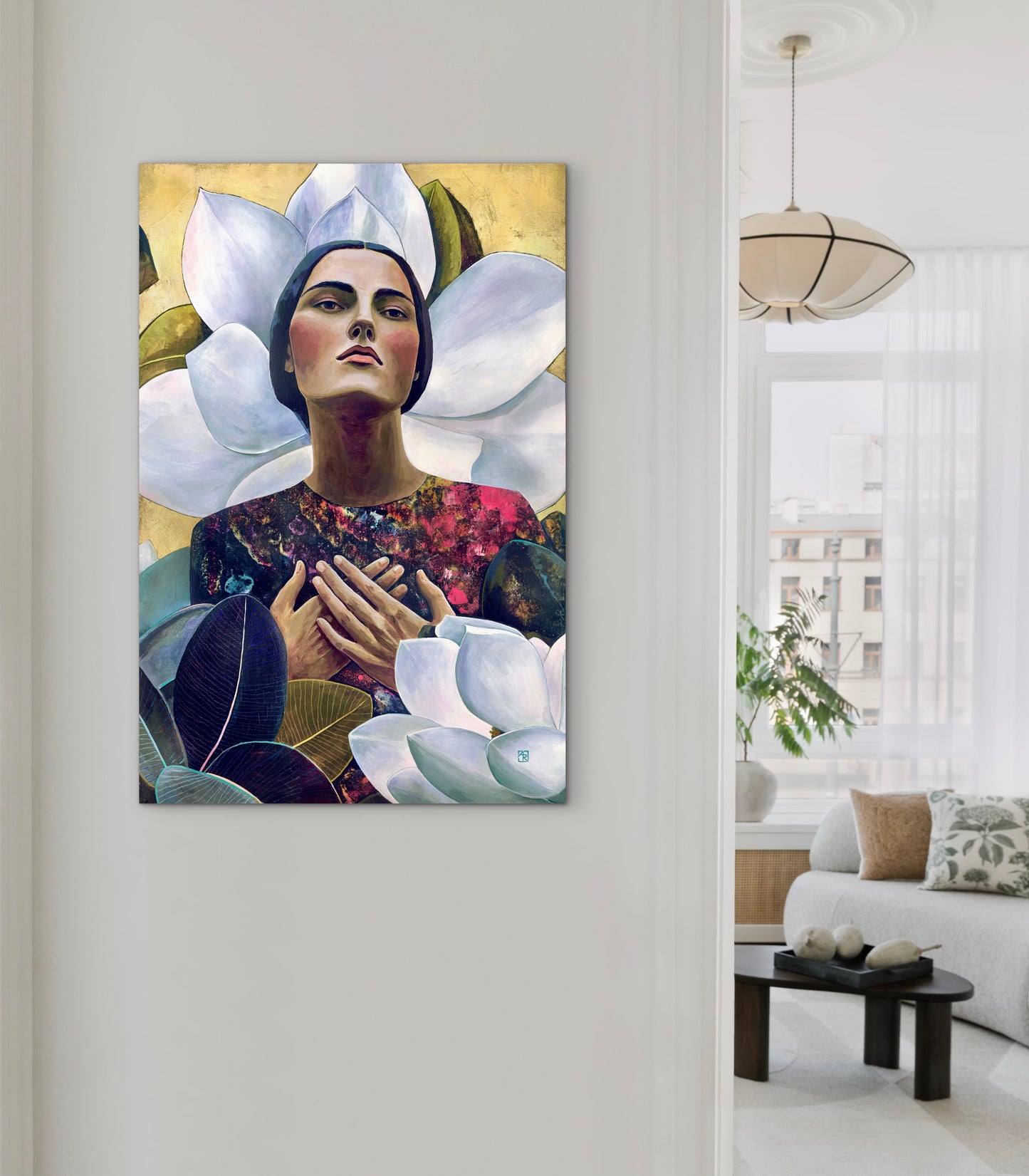 Serenity in Bloom - mixed media painting on wood panel