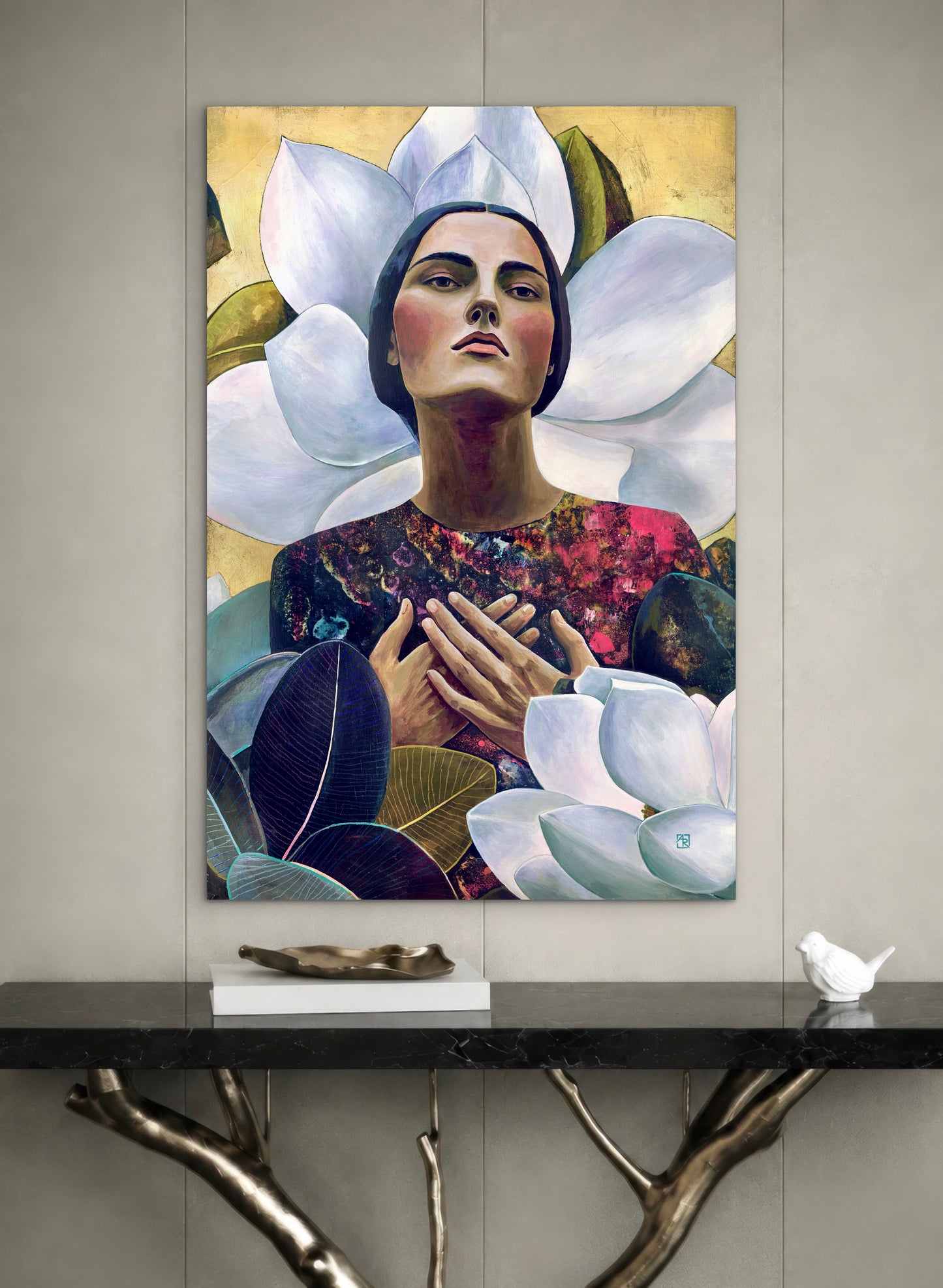 Serenity in Bloom - mixed media painting on wood panel
