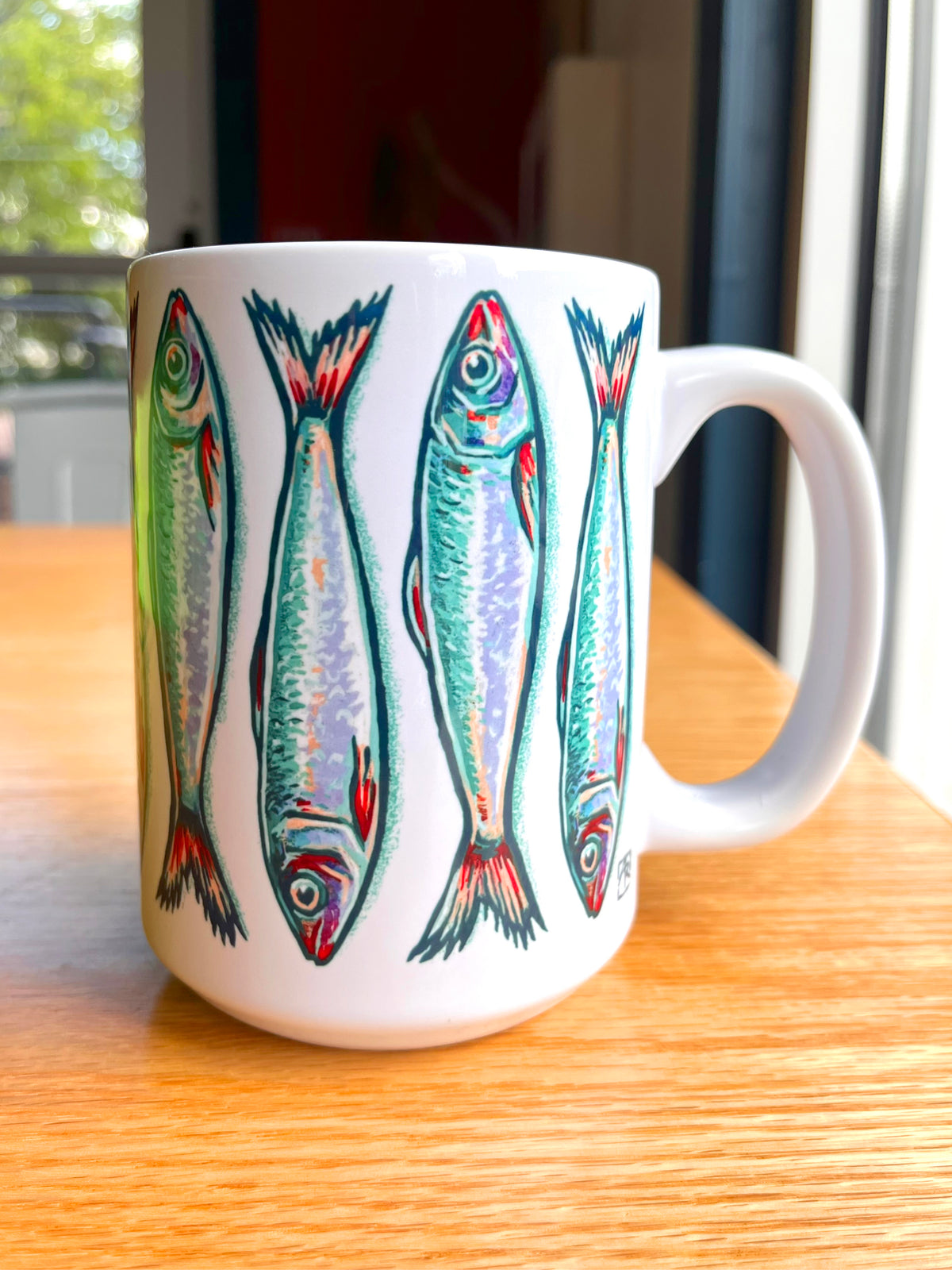 Sardines stacked turquoise & white 15 oz ceramic mug