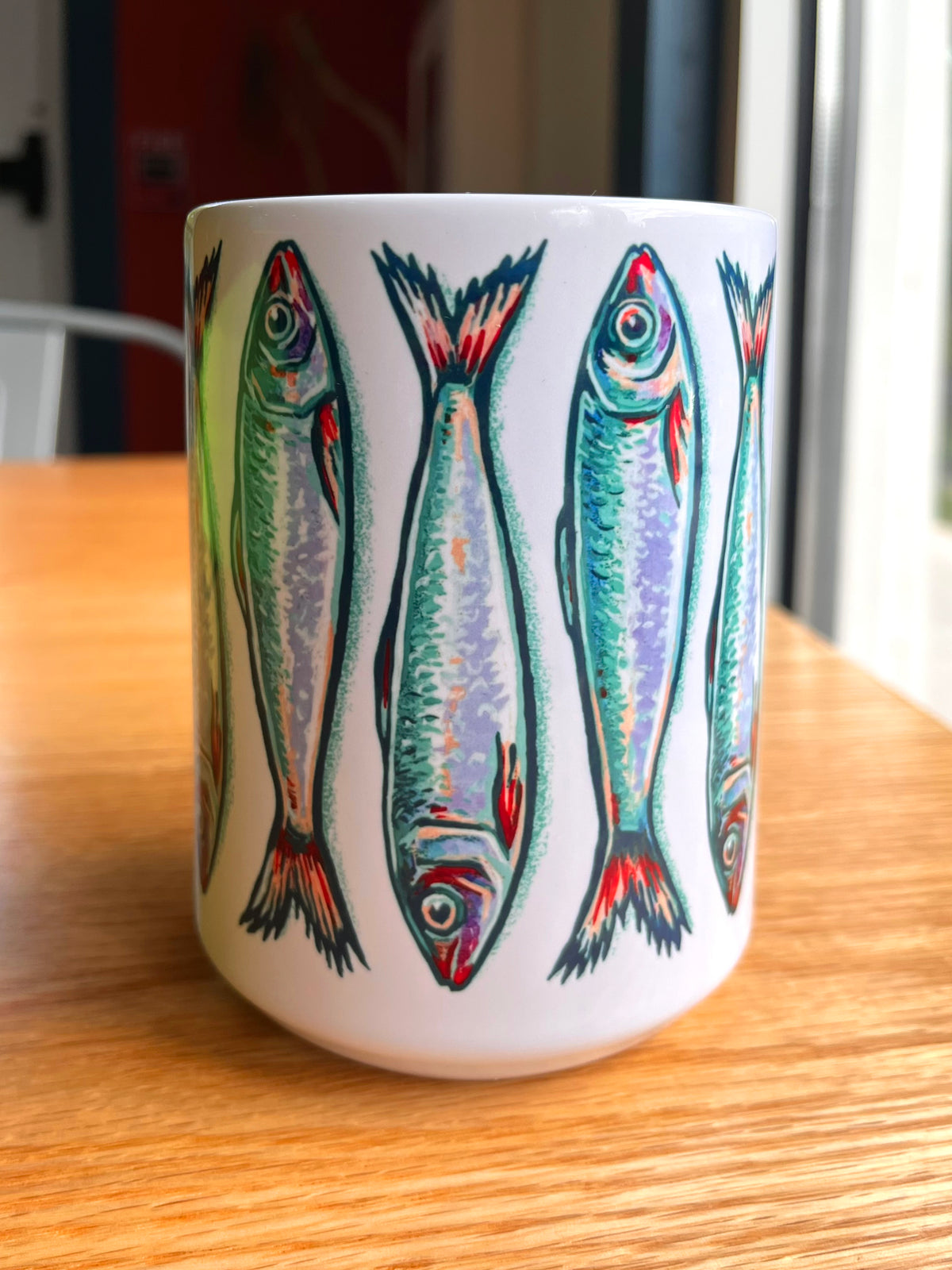 Sardines stacked turquoise & white 15 oz ceramic mug