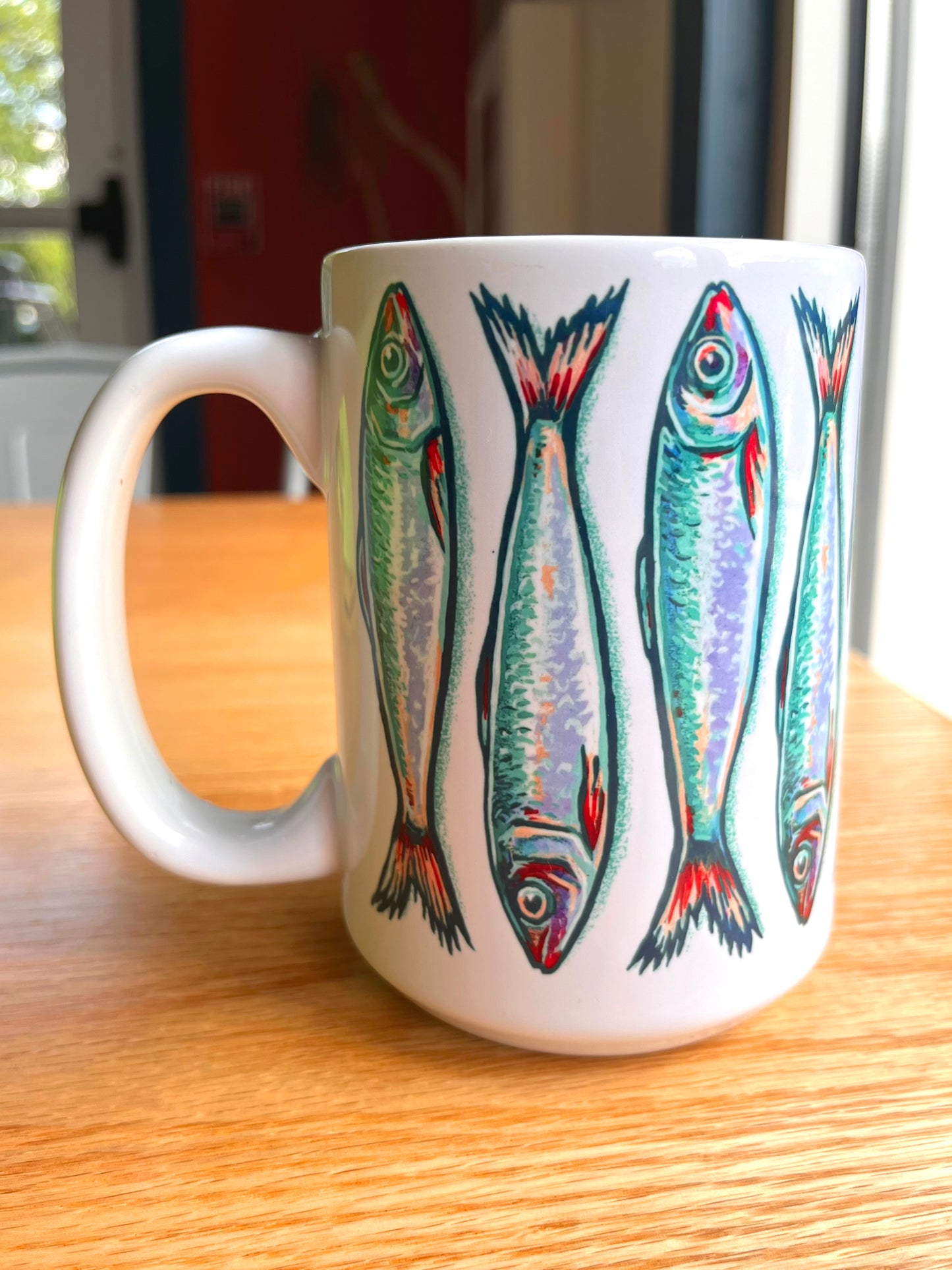 Sardines stacked turquoise & white 15 oz ceramic mug