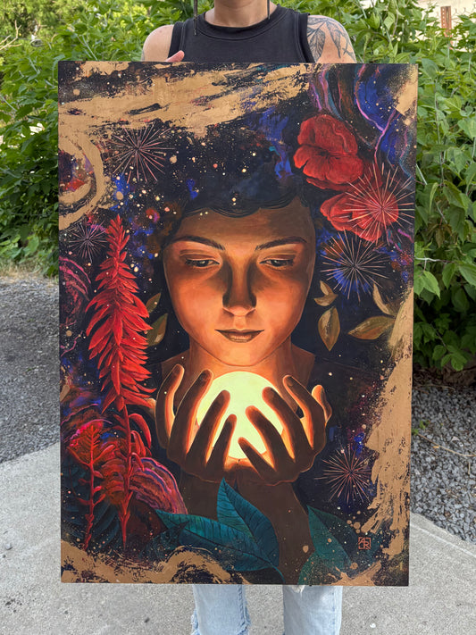 Light, Being - mixed media painting on wood panel
