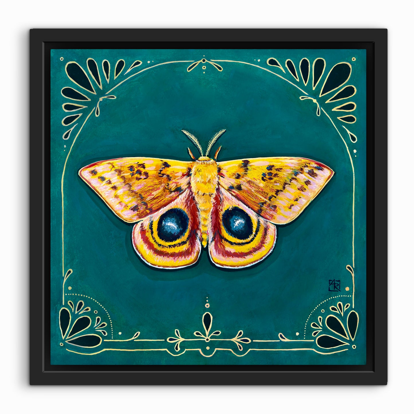 Io Moth - acrylic gouache painting on paper on wood panel