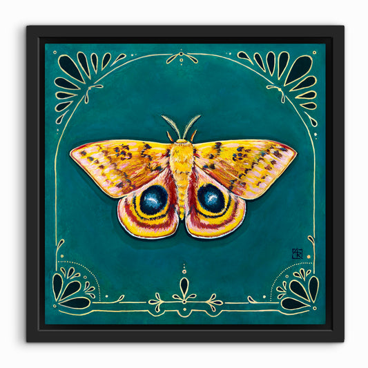 Io Moth - acrylic gouache painting on paper on wood panel