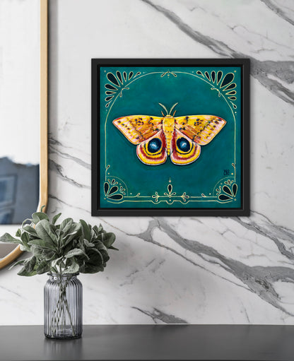 Io Moth - acrylic gouache painting on paper on wood panel