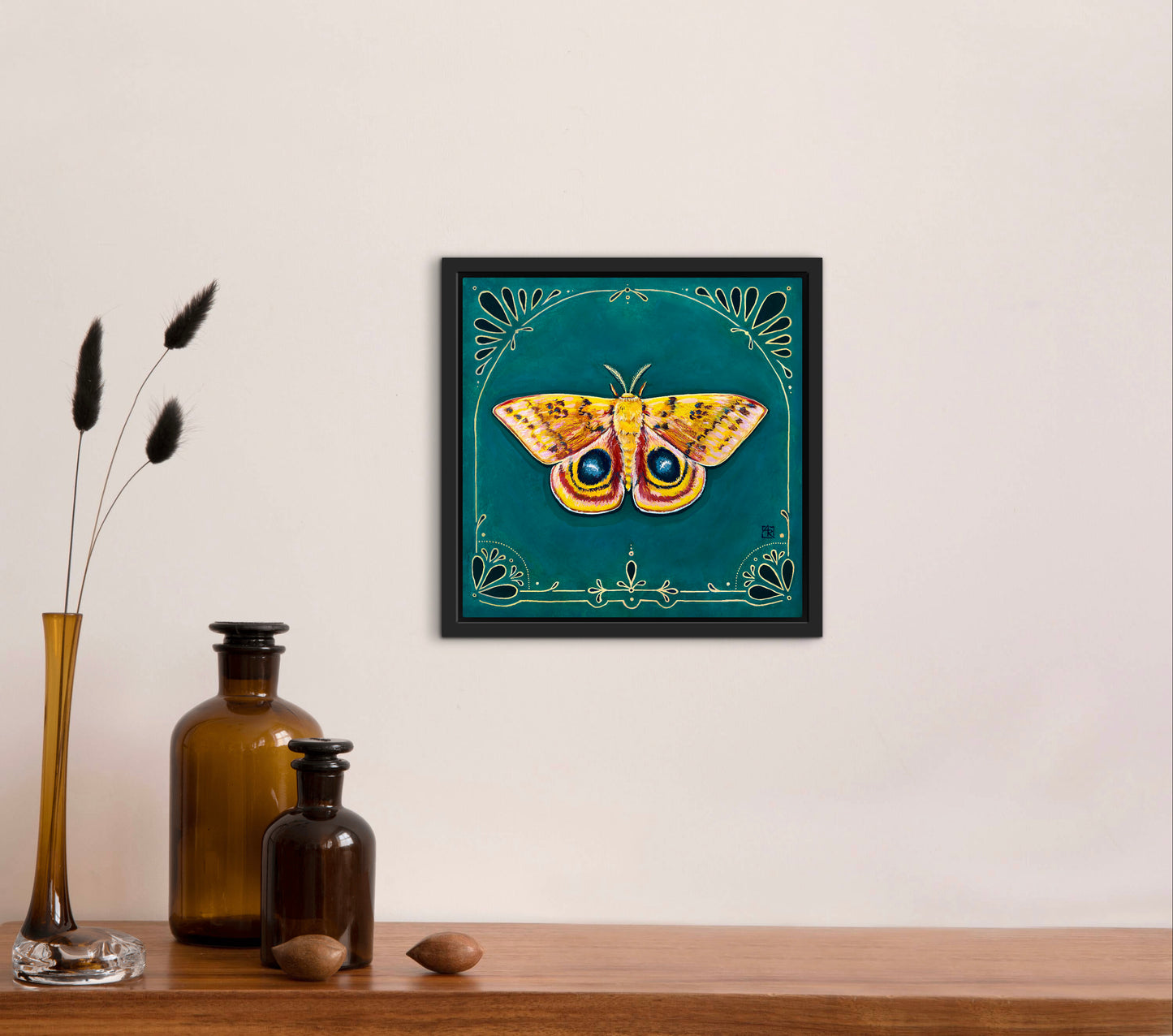 Io Moth - acrylic gouache painting on paper on wood panel