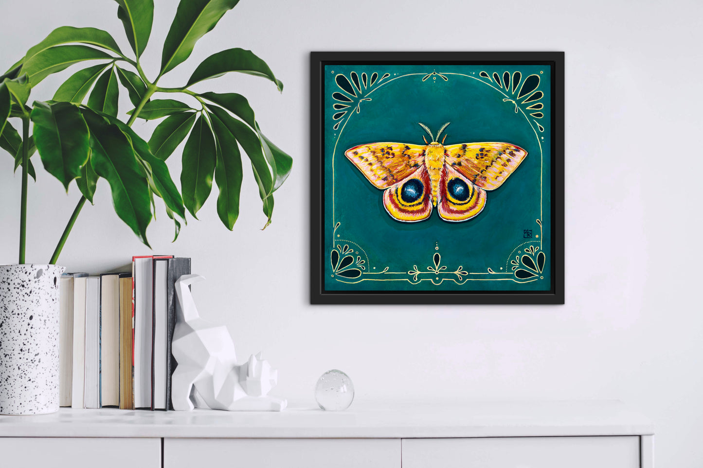 Io Moth - acrylic gouache painting on paper on wood panel