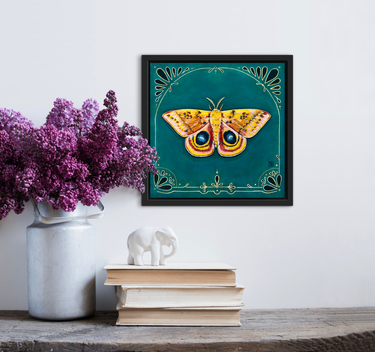 Io Moth - acrylic gouache painting on paper on wood panel
