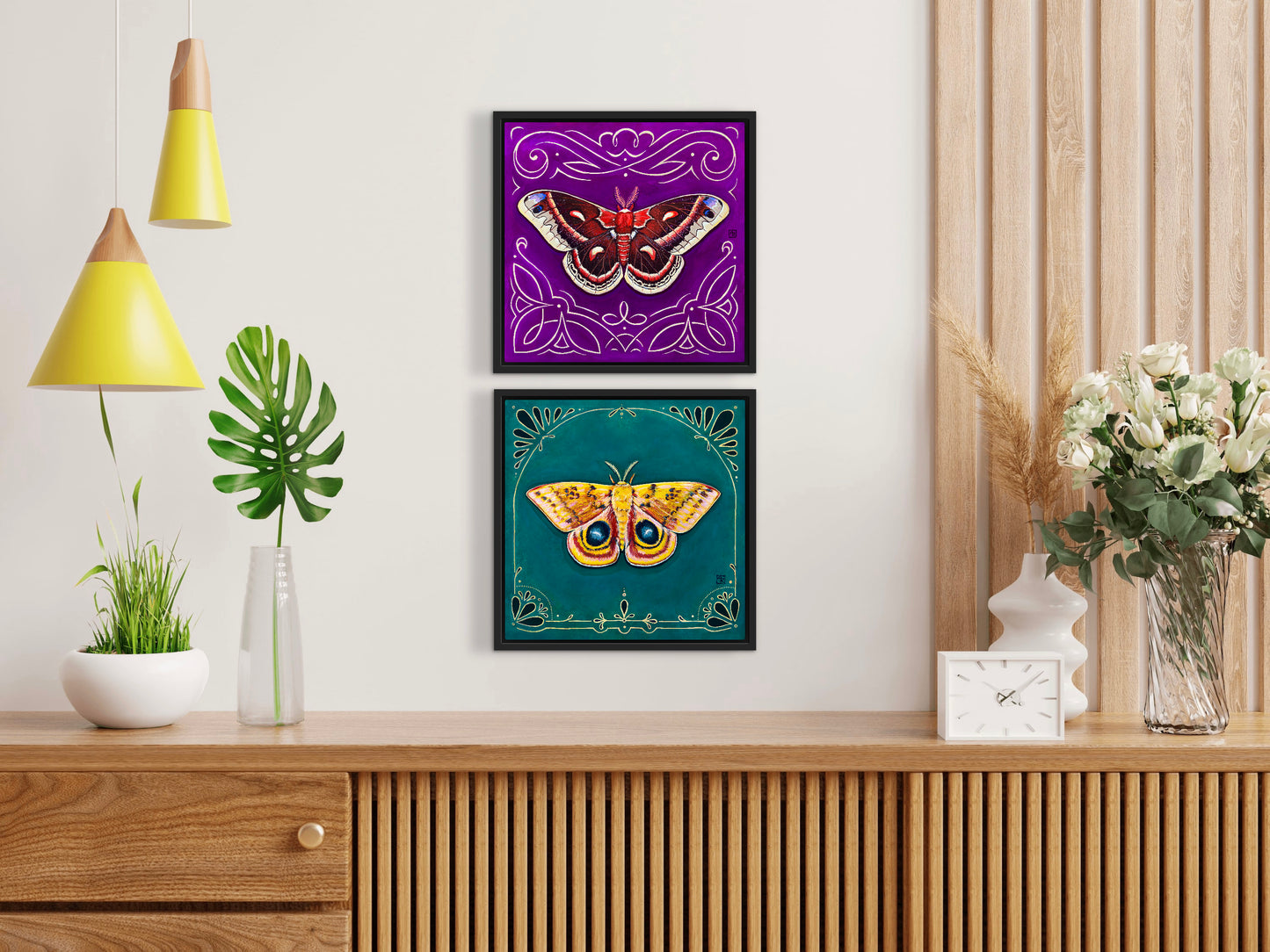Io Moth - acrylic gouache painting on paper on wood panel