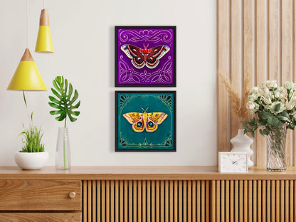 Io Moth - acrylic gouache painting on paper on wood panel