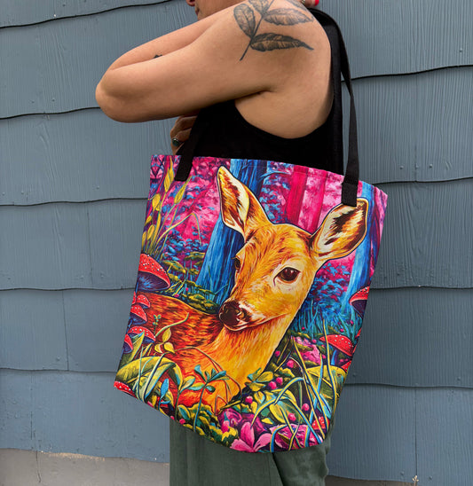 'Lost & Found' fawn deer all-over print large shoulder tote bag