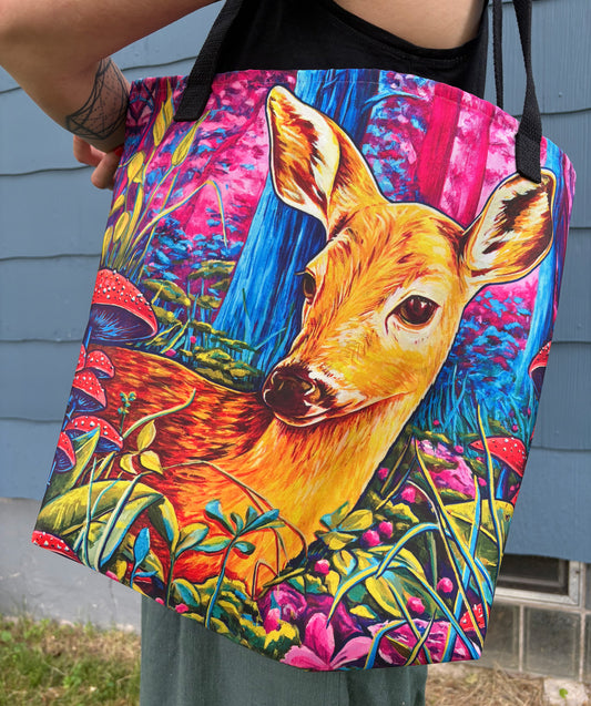 'Lost & Found' fawn deer all-over print large shoulder tote bag