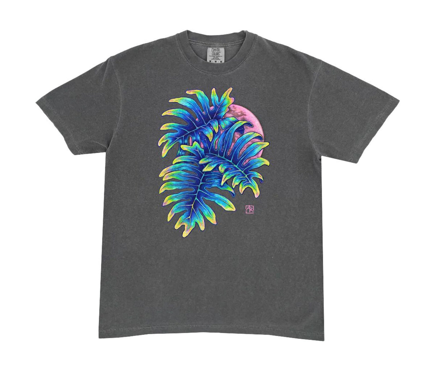 'Pink Moon' - Tropical Leaves & Full Moon gray unisex garment-dyed heavyweight t-shirt