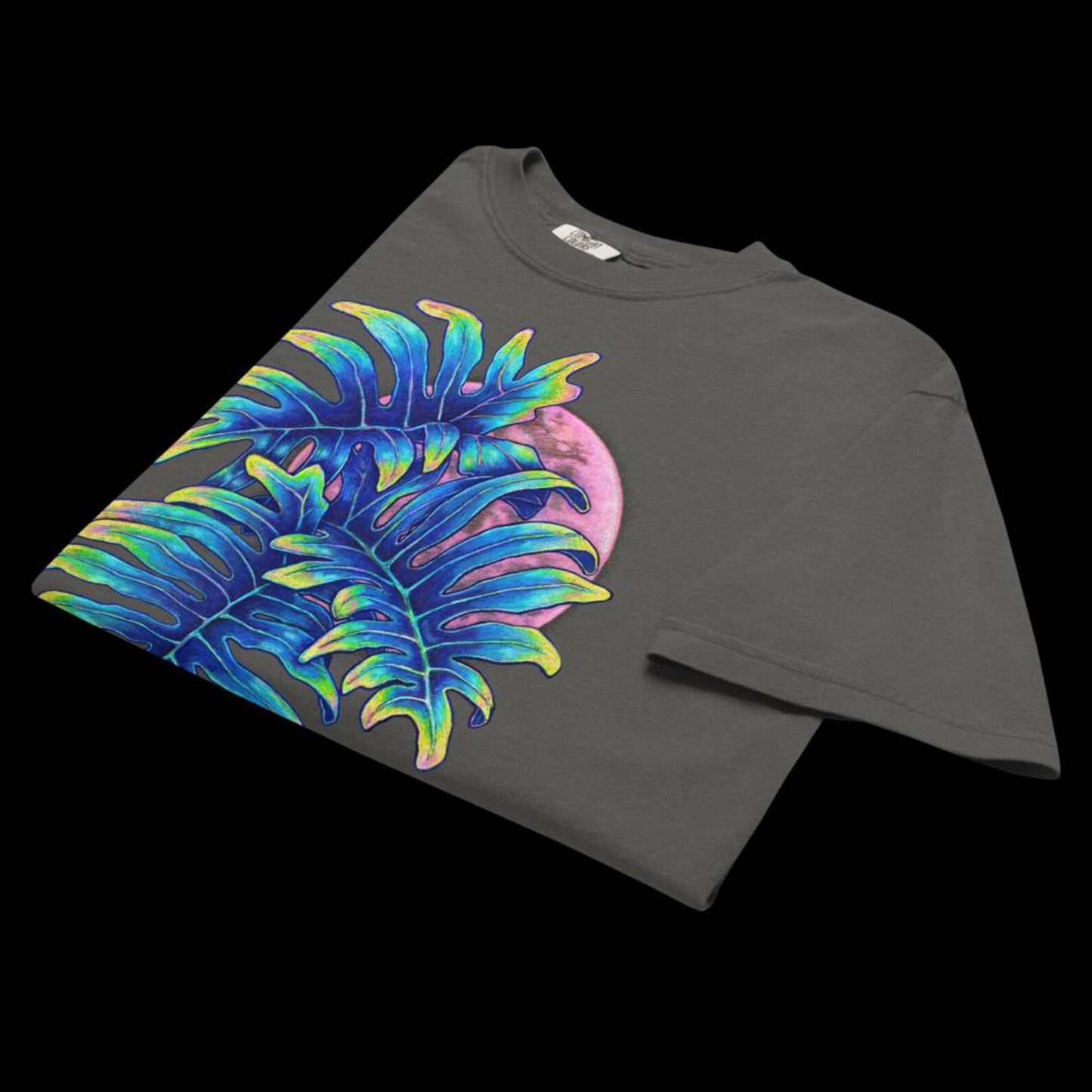 'Pink Moon' - Tropical Leaves & Full Moon gray unisex garment-dyed heavyweight t-shirt