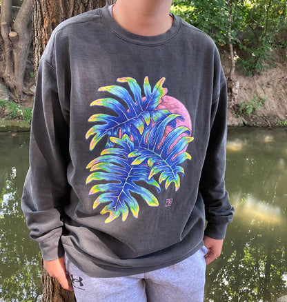 'Pink Moon' - Tropical Leaves & Full Moon gray unisex long sleeve sweatshirt