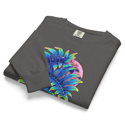'Pink Moon' - Tropical Leaves & Full Moon gray unisex long sleeve sweatshirt