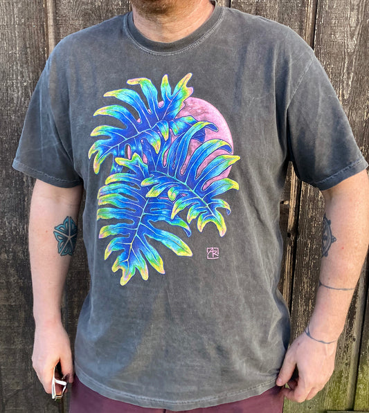 'Pink Moon' - Tropical Leaves & Full Moon gray unisex garment-dyed heavyweight t-shirt