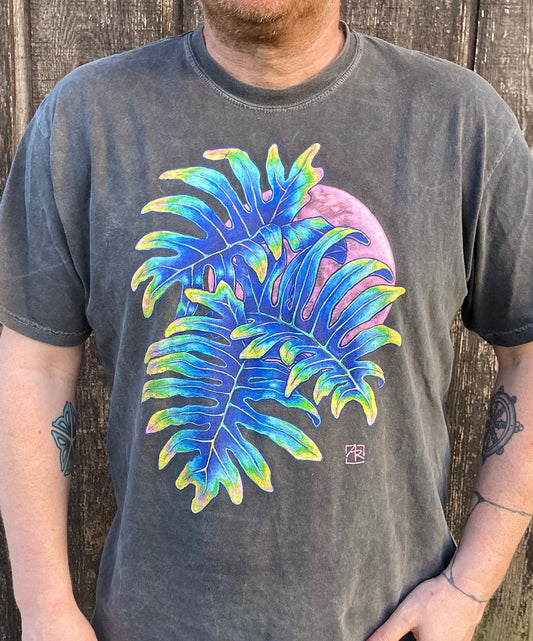 'Pink Moon' - Tropical Leaves & Full Moon gray unisex garment-dyed heavyweight t-shirt
