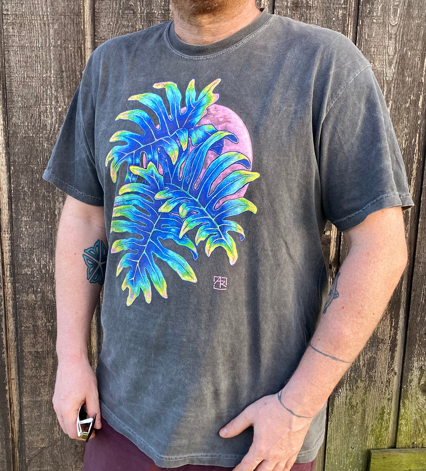 'Pink Moon' - Tropical Leaves & Full Moon gray unisex garment-dyed heavyweight t-shirt