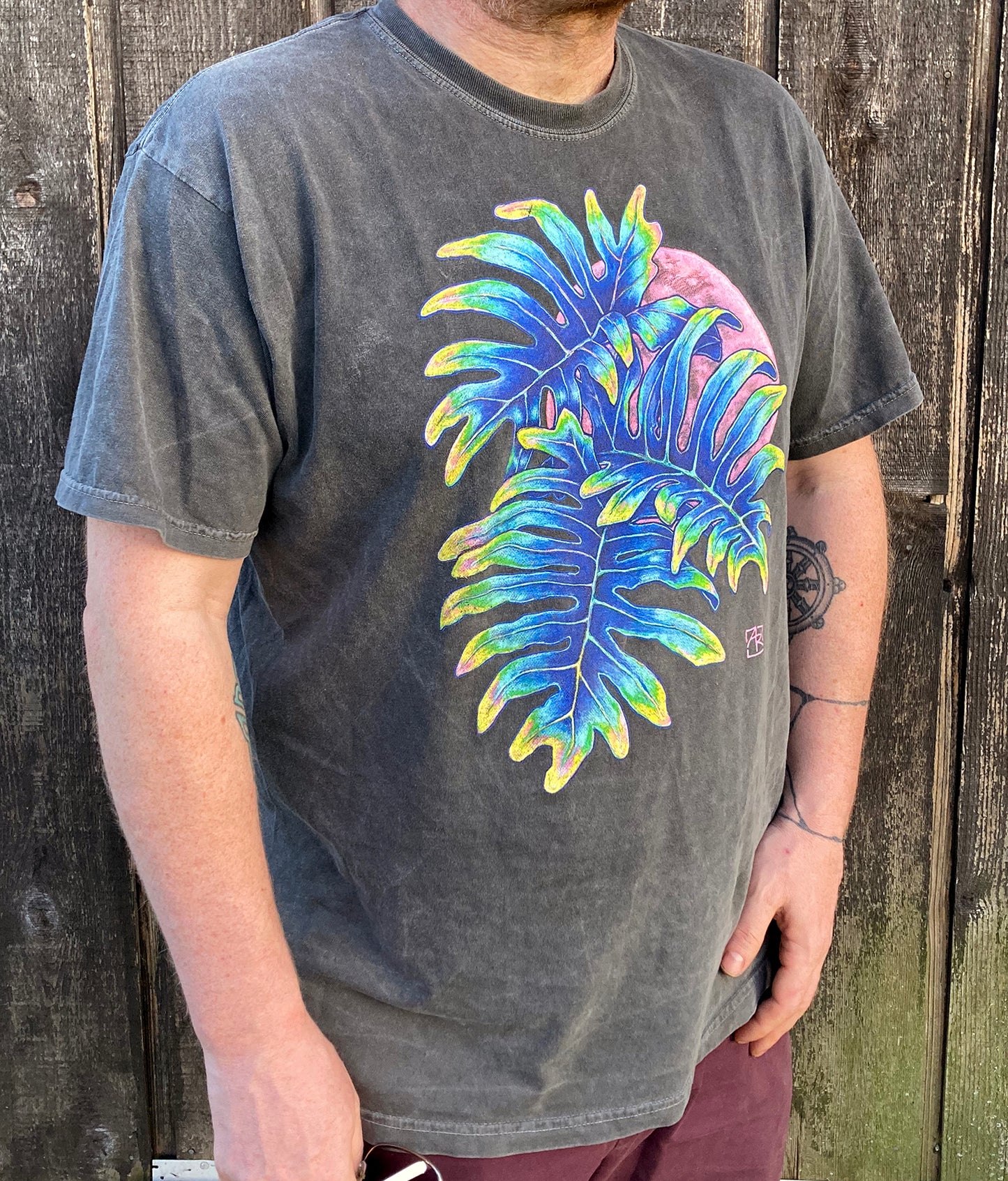 'Pink Moon' - Tropical Leaves & Full Moon gray unisex garment-dyed heavyweight t-shirt