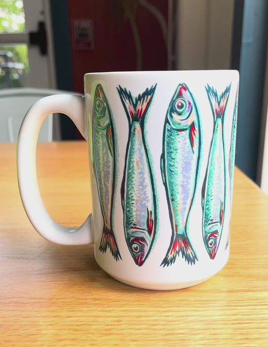 Sardines stacked turquoise & white 15 oz ceramic mug