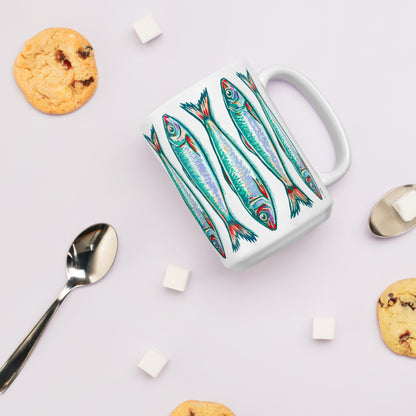 Sardines stacked turquoise & white 15 oz ceramic mug