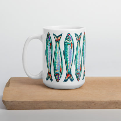 Sardines stacked turquoise & white 15 oz ceramic mug
