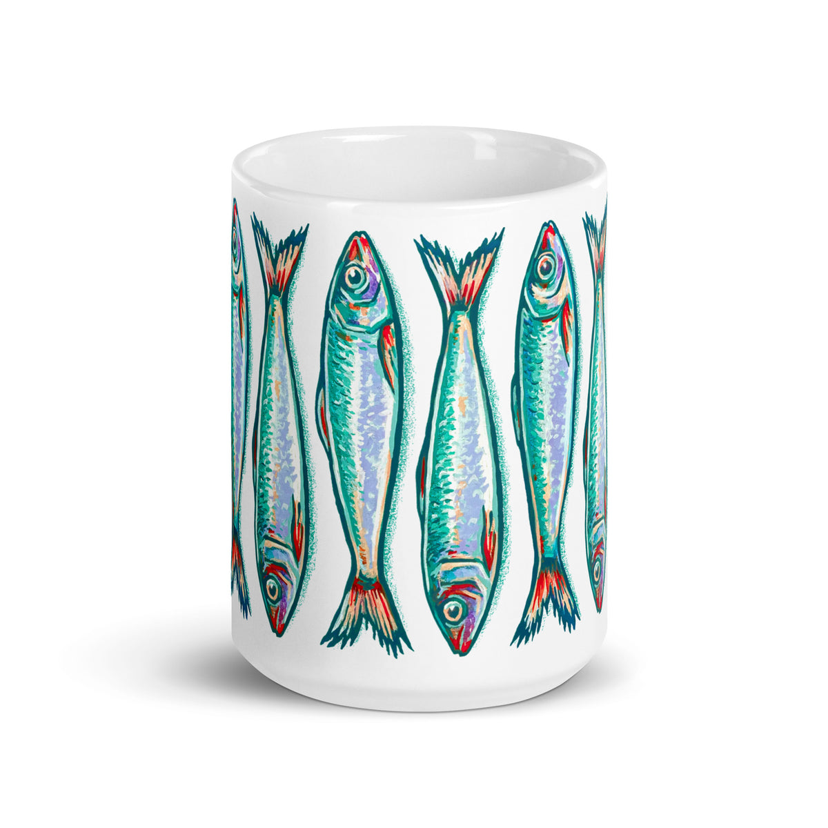 Sardines stacked turquoise & white 15 oz ceramic mug