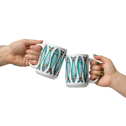 Sardines stacked turquoise & white 15 oz ceramic mug