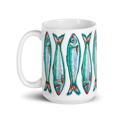 Sardines stacked turquoise & white 15 oz ceramic mug