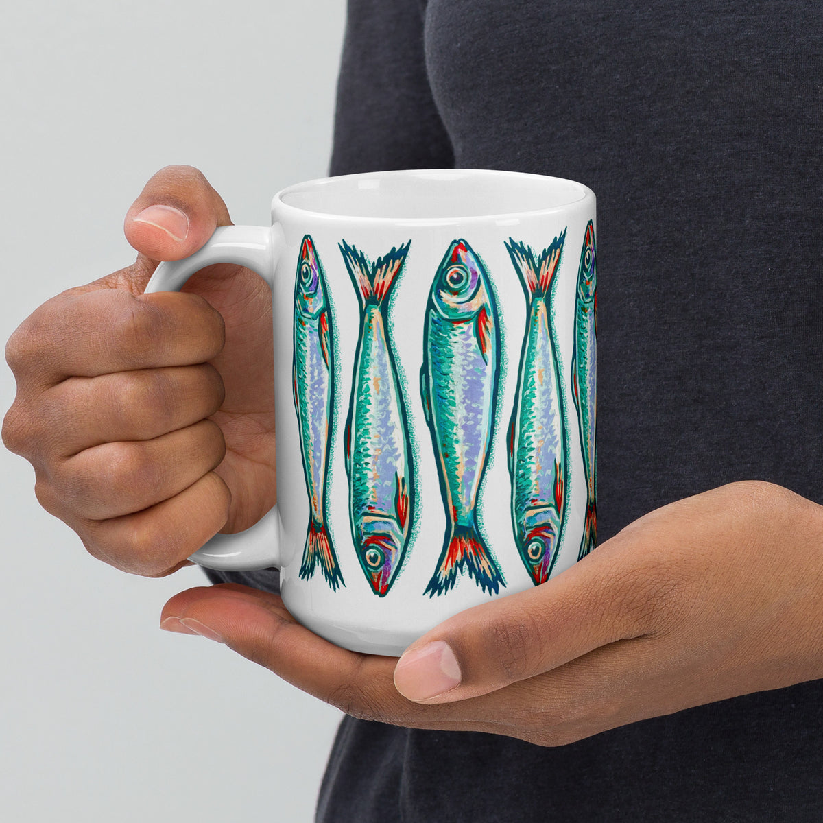 Sardines stacked turquoise & white 15 oz ceramic mug