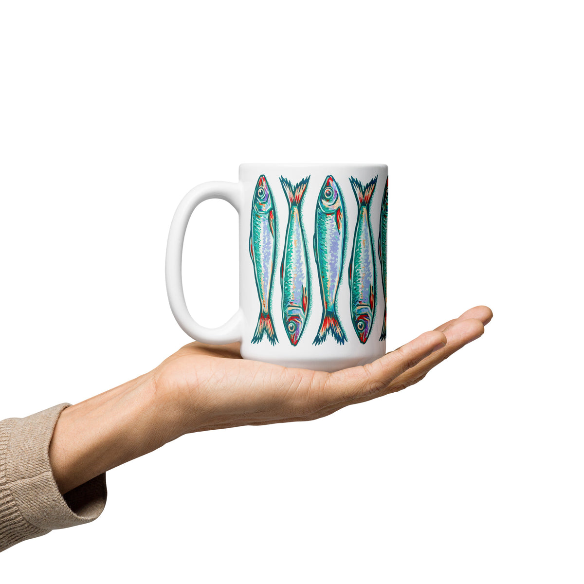 Sardines stacked turquoise & white 15 oz ceramic mug