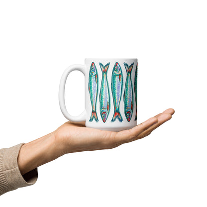 Sardines stacked turquoise & white 15 oz ceramic mug