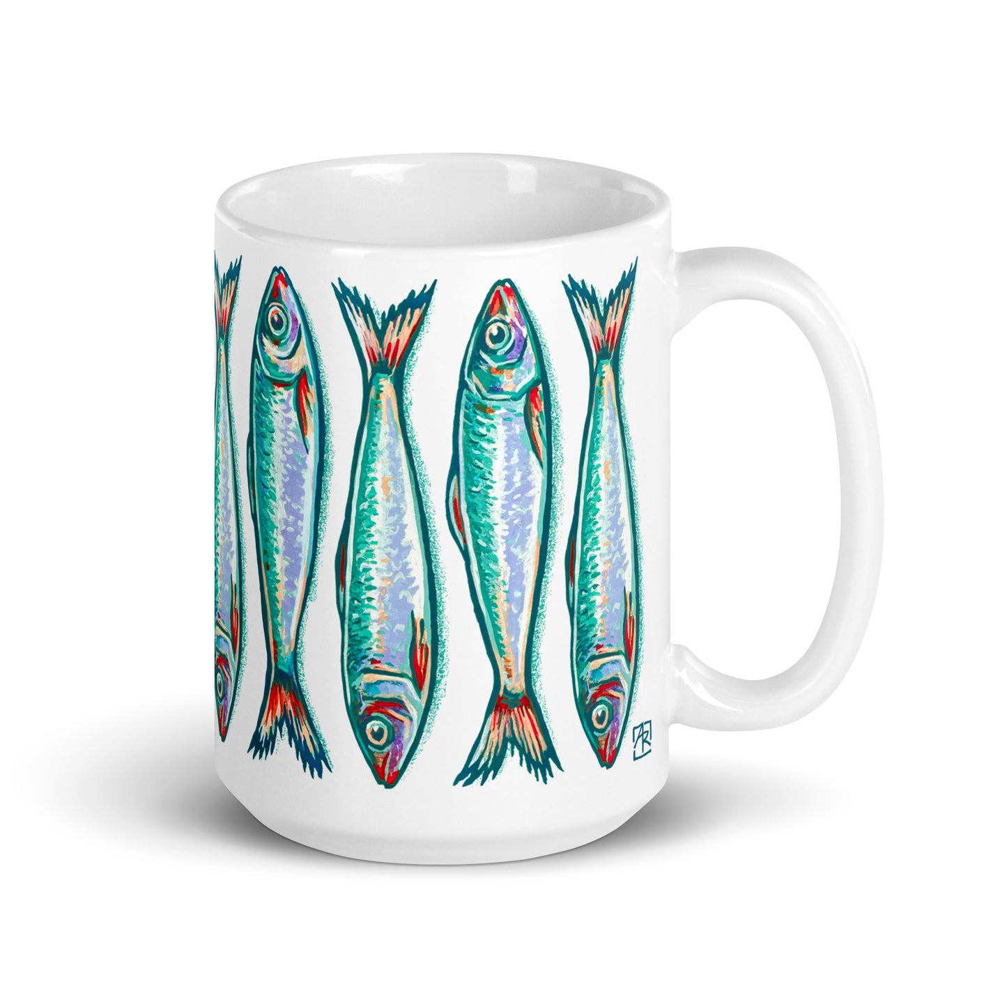 Sardines stacked turquoise & white 15 oz ceramic mug