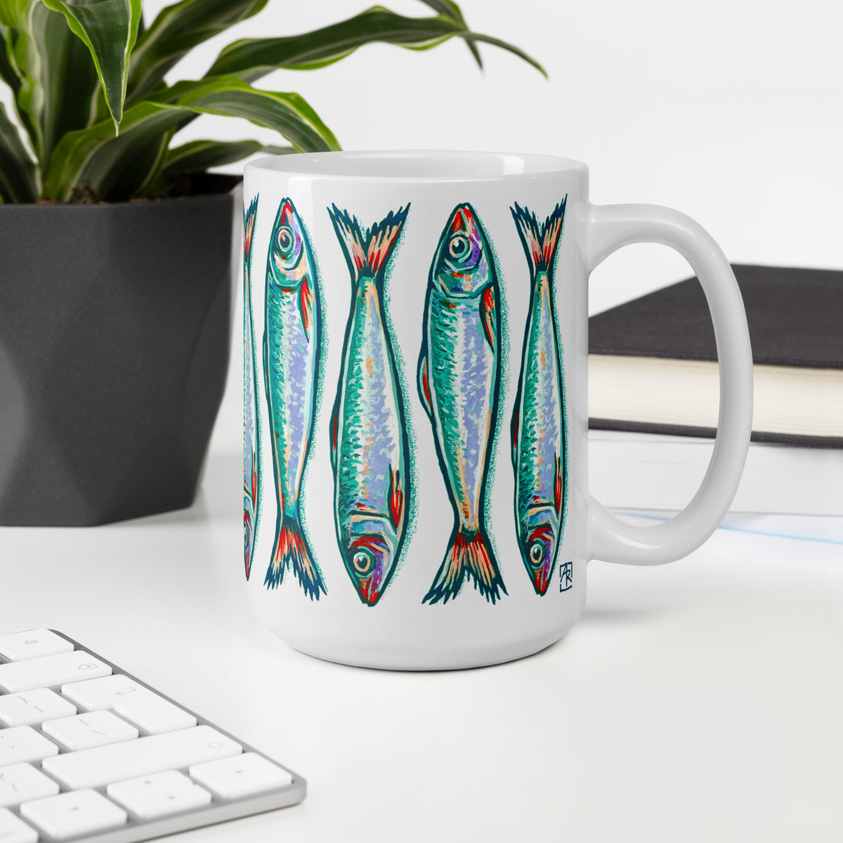 Sardines stacked turquoise & white 15 oz ceramic mug