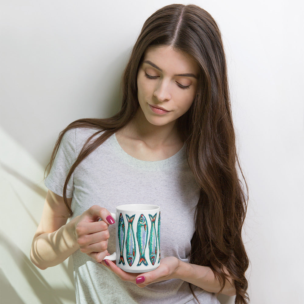 Sardines stacked turquoise & white 15 oz ceramic mug